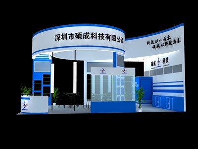 54平米展臺設計制作：三面開口/現(xiàn)代/木質(zhì)結構/藍色，為建材展展商而作（免費使用）