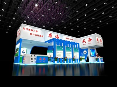90平米展臺設計制作：三面開口/現(xiàn)代/木質(zhì)結(jié)構(gòu)/藍色，為建材展展商而作（免費使用）