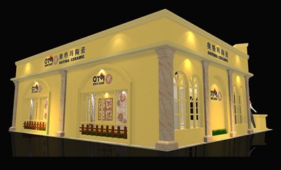 121平米展臺設(shè)計制作：二面開口/歐式/木質(zhì)結(jié)構(gòu)/黃色，為建材展展商而作（免費使用）