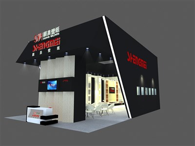 84平米展臺設計制作：三面開口/現(xiàn)代/木質(zhì)結(jié)構(gòu)/黑色，為建材展展商而作（免費使用）
