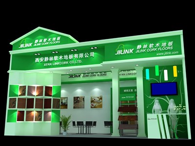 40.5平米展臺設計制作：一面開口/現(xiàn)代/木質(zhì)結(jié)構(gòu)/綠色，為建材展展商而作（免費使用）