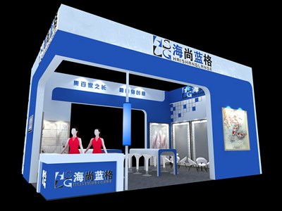 54平米展臺(tái)設(shè)計(jì)制作：三面開口/現(xiàn)代/木質(zhì)結(jié)構(gòu)/藍(lán)色，為建材展展商而作（免費(fèi)使用）