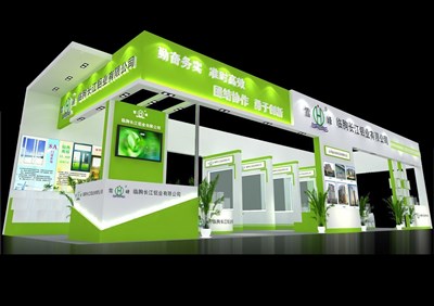 80平米展臺設計制作：四面開口/現(xiàn)代/木質(zhì)結(jié)構(gòu)/綠色，為建材展展商而作（免費使用）