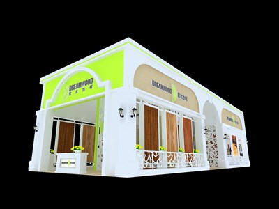 160平米展臺設計制作：三面開口/現(xiàn)代/木質結構/白色，為建材展展商而作（免費使用）