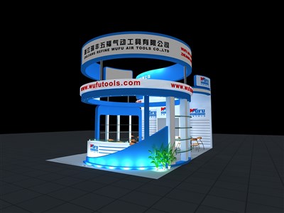 54平米展臺設(shè)計制作：三面開口/現(xiàn)代/木質(zhì)結(jié)構(gòu)/藍色，為建材展展商而作（免費使用）