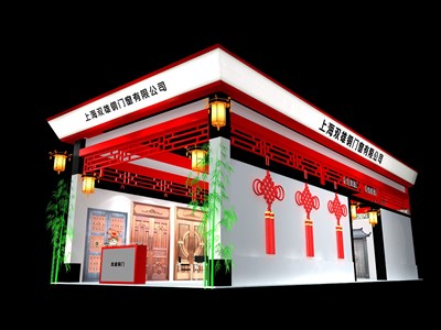 90平米展臺設計制作：二面開口/中式/木質(zhì)結(jié)構(gòu)/紅色，為建材展展商而作（免費使用）