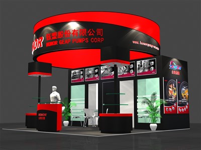 36平米展臺設(shè)計(jì)制作：三面開口/現(xiàn)代/木質(zhì)結(jié)構(gòu)/紅色，為電子展展商而作（免費(fèi)使用）