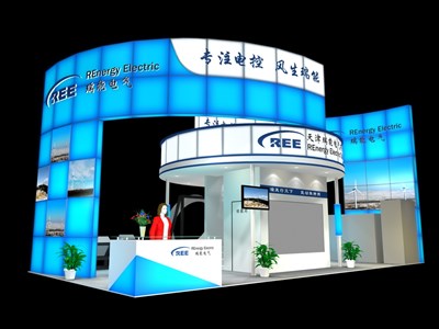 72平米展臺設(shè)計(jì)制作：三面開口/現(xiàn)代/型材結(jié)構(gòu)/藍(lán)色，為電子展展商而作（免費(fèi)使用）