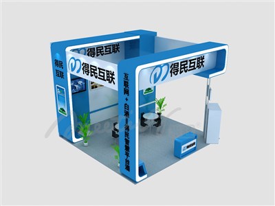 36平米展臺(tái)設(shè)計(jì)制作：三面開口/現(xiàn)代/木質(zhì)結(jié)構(gòu)/藍(lán)色，為建材展展商而作（免費(fèi)使用）