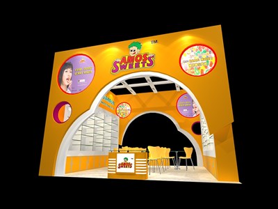 36平米展臺設計制作：二面開口/現代/木質結構/橙色，為食品展展商而作（免費使用）