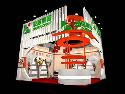 49平米展臺設(shè)計制作：二面開口/前衛(wèi)/木質(zhì)結(jié)構(gòu)/綠色，為食品展展商而作（免費使用）