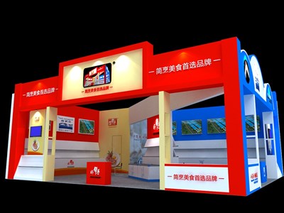 120平米展臺設(shè)計制作：二面開口/現(xiàn)代/木質(zhì)結(jié)構(gòu)/紅色，為食品展展商而作（免費使用）