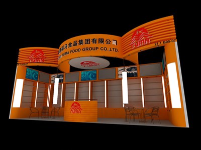 27平米展臺(tái)設(shè)計(jì)制作：一面開口/現(xiàn)代/木質(zhì)結(jié)構(gòu)/橙色，為食品展展商而作（免費(fèi)使用）