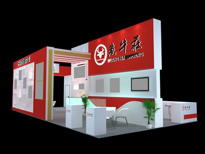 72平米展臺設(shè)計制作：四面開口/現(xiàn)代/木質(zhì)結(jié)構(gòu)/紅色，為食品展展商而作（免費使用）