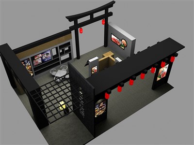 108平米展臺設(shè)計(jì)制作：四面開口/中式/木質(zhì)結(jié)構(gòu)/黑色，為食品展展商而作（免費(fèi)使用）
