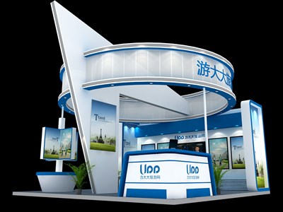 36平米展臺(tái)設(shè)計(jì)制作：三面開口/現(xiàn)代/木質(zhì)結(jié)構(gòu)/藍(lán)色，為建材展展商而作（免費(fèi)使用）
