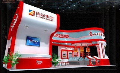 72平米展臺設(shè)計制作：四面開口/現(xiàn)代/木質(zhì)結(jié)構(gòu)/紅色，為食品展展商而作（免費使用）