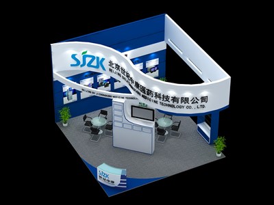 36平米展臺設(shè)計制作：三面開口/前衛(wèi)/木質(zhì)結(jié)構(gòu)/藍(lán)色，為醫(yī)藥展展商而作（免費使用）