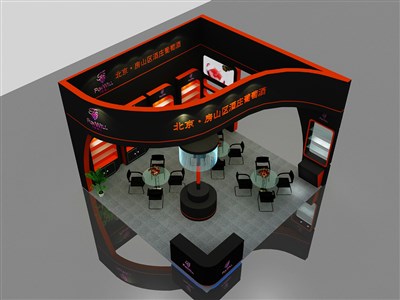 36平米展臺設(shè)計(jì)制作：三面開口/現(xiàn)代/木質(zhì)結(jié)構(gòu)/黑色，為糖酒展展商而作（免費(fèi)使用）