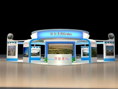 100平米展臺(tái)設(shè)計(jì)制作：四面開(kāi)口/現(xiàn)代/型材結(jié)構(gòu)/藍(lán)色，為旅游展展商而作（免費(fèi)使用）