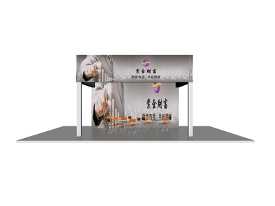 36平米展臺設(shè)計制作：三面開口/現(xiàn)代/桁架結(jié)構(gòu)/紫色，為綜合展展商而作（免費使用）