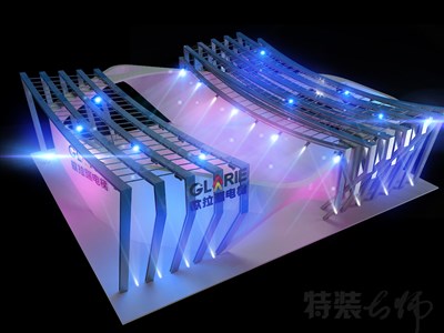 598平米展臺設計制作：四面開口/現(xiàn)代/型材結構/彩色，為機械展展商而作（免費使用）