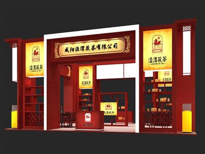 72平米展臺(tái)設(shè)計(jì)制作：三面開口/中式/木質(zhì)結(jié)構(gòu)/紅色，為茶博會(huì)展商而作（免費(fèi)使用）