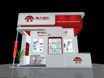 18平米展臺設(shè)計制作：三面開口/現(xiàn)代/木質(zhì)結(jié)構(gòu)/紅色，為機械展展商而作（免費使用）