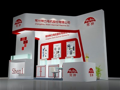 18平米展臺設計制作：三面開口/現(xiàn)代/木質結構/紅色，為機械展展商而作（免費使用）