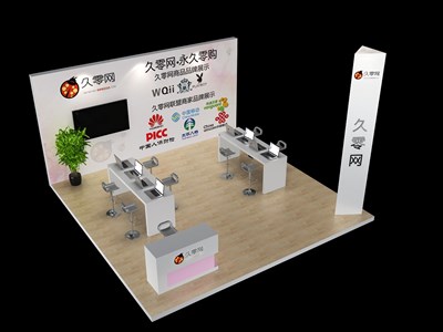 36平米展臺設計制作：三面開口/現(xiàn)代/木質結構/白色，為電子展展商而作（免費使用）