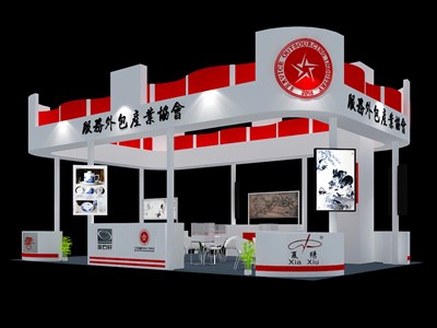 57平米展臺設(shè)計制作：三面開口/現(xiàn)代/木質(zhì)結(jié)構(gòu)/紅色，為工藝品展展商而作（免費使用）