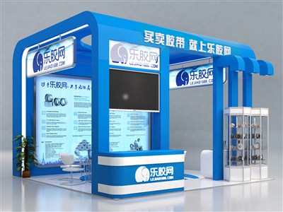 36平米展臺設(shè)計制作：三面開口/現(xiàn)代/木質(zhì)結(jié)構(gòu)/藍色，為建材展展商而作（免費使用）